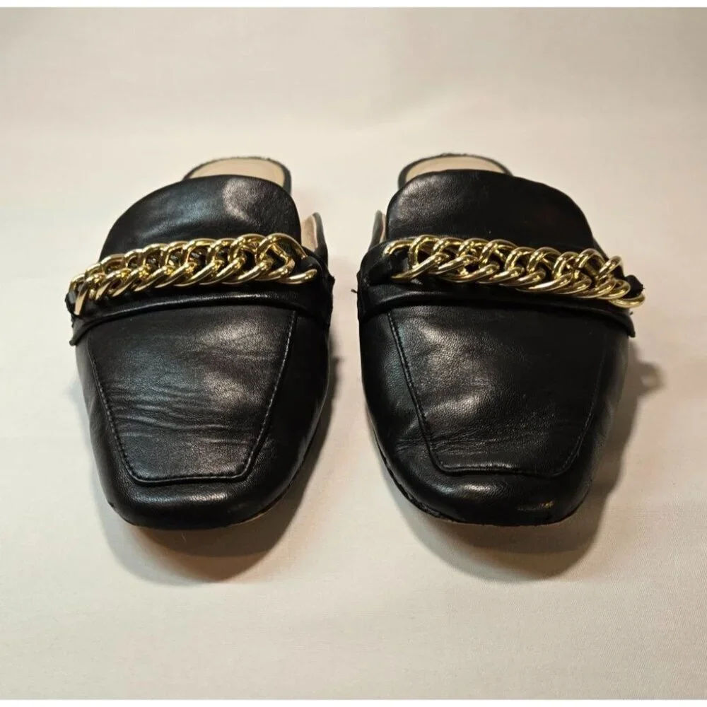 Gianni Bini Black Flat Mule Slip-On Gold Chain Sz 7 Leather Embellished Career - Picture 10 of 10